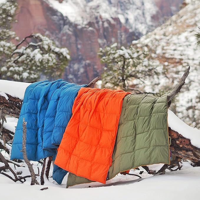 Double Puffy Camping Blanket - Extra Puffy, Packable, Lightweight and Warm | Ideal for Outdoors, Travel, Stadium, Festivals, Beach, Hammock | Water-Resistant Camp Quilt (Blue/Red)