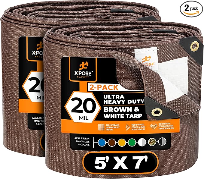 Xpose Safety 5' x 7' Ultra Heavy Duty Tarp (2-Pack) - 20 Mil Waterproof Tarps for Camping, Outdoor Adventures & Tent Cover, UV Protection, Reinforced Corners, All-Weather Durability