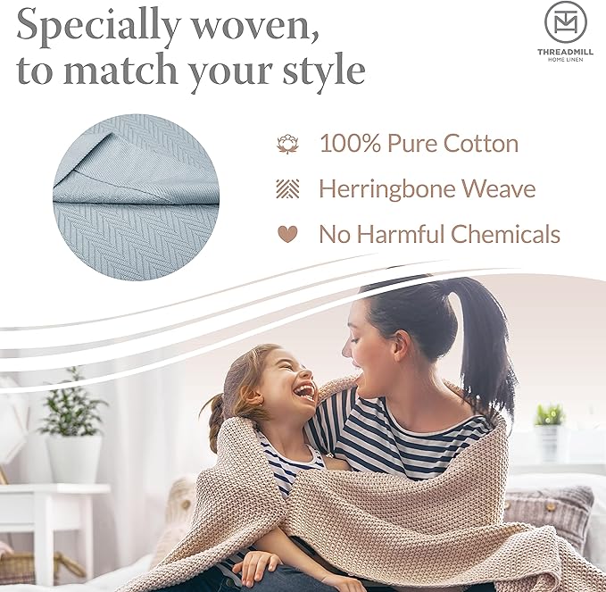Threadmill Luxury Cotton Blankets for Queen Size Bed | All-Season 100% Cotton Queen Size Blanket | Herringbone Cozy, Soft Breathable Fall Thermal Blanket fits Full Size Bed | Vanilla Cream