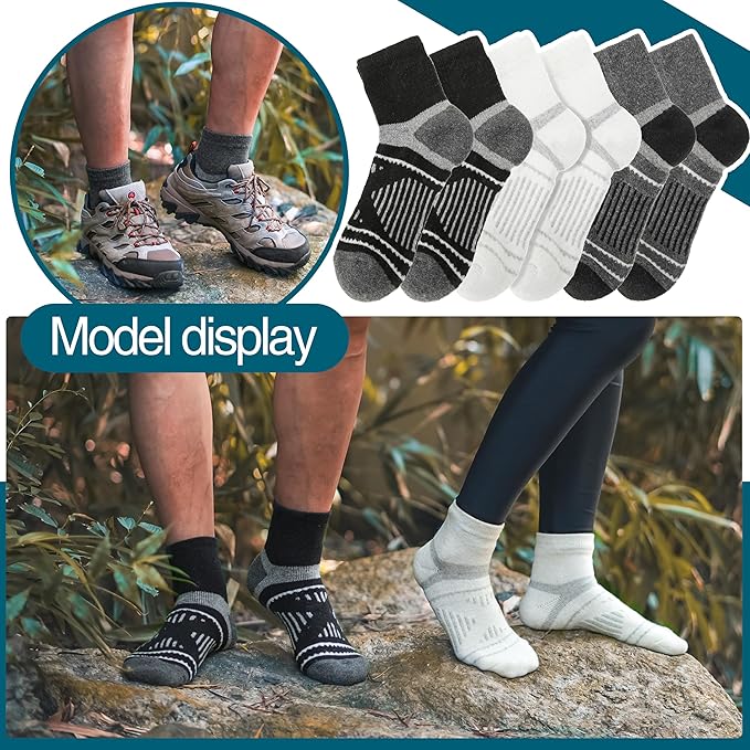 EBMORE 6 Pairs Merino Wool Ankle Hiking Running Socks Compression Support Thick Cushion No Show Socks for Men Women