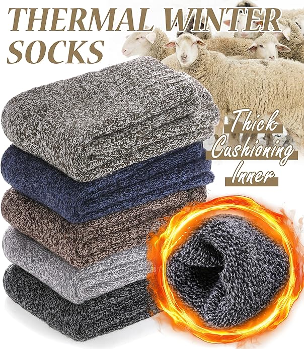 FNOVCO Wool Socks for Women Winter Warm Hiking Boot Thick Thermal Cozy Crew Socks 5 Pairs
