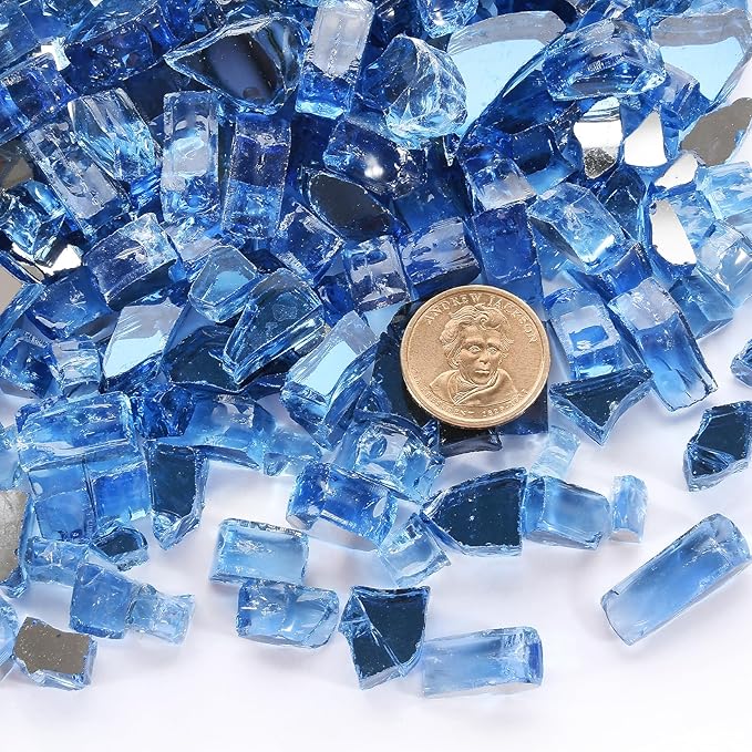 Blue Fire Pit Glass, 20 Pounds High Luster Reflective Tempered Glass Rocks, 1/2 Inch Firepit Rocks for Firepit Table, Propane Fireplaces, Fire Bowls