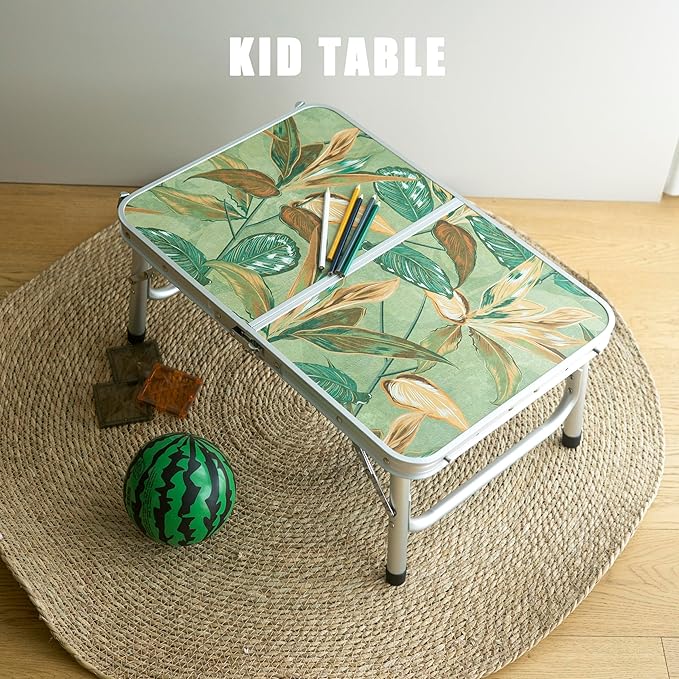 Small Folding Camping Table, 2ft Portable Picnic Table Aluminum 24" x 16" Folding Table, 3 Adjustable Heights Portable Lightweight Table Dining Table for RV, Picnic, Beach (Green Leaf)