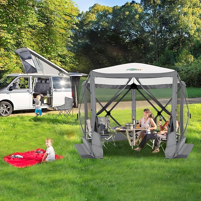 COBIZI 10x10 Pop up Gazebo Screen House Tent for Camping, Pop-up Camping Canopy with Mesh Windows,Portable Outdoor Quick-Set Hub Tent with Carrying Bag&Ground Stakes,Gray(Upgraded 2.0)
