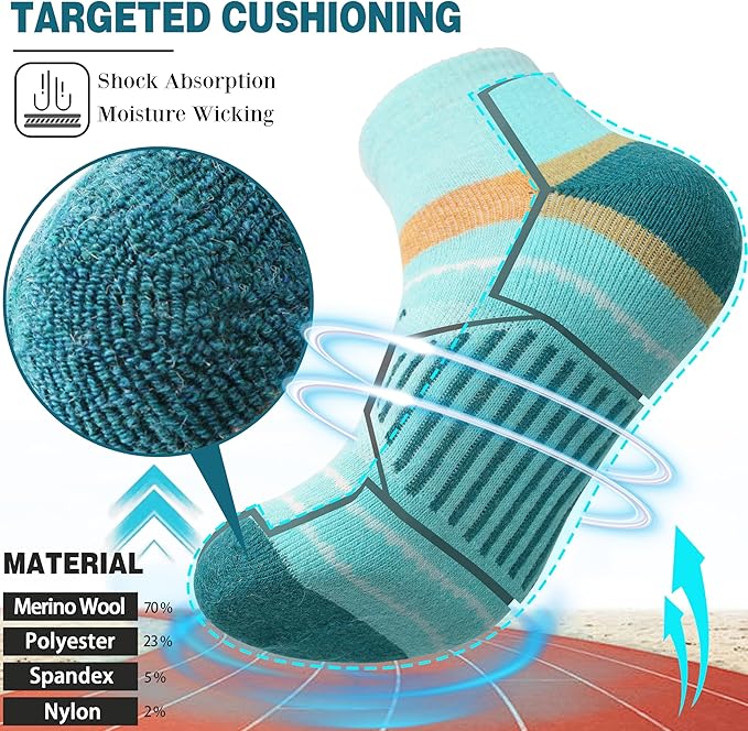 EBMORE 6 Pairs Merino Wool Ankle Hiking Running Socks Compression Support Thick Cushion No Show Socks for Men Women