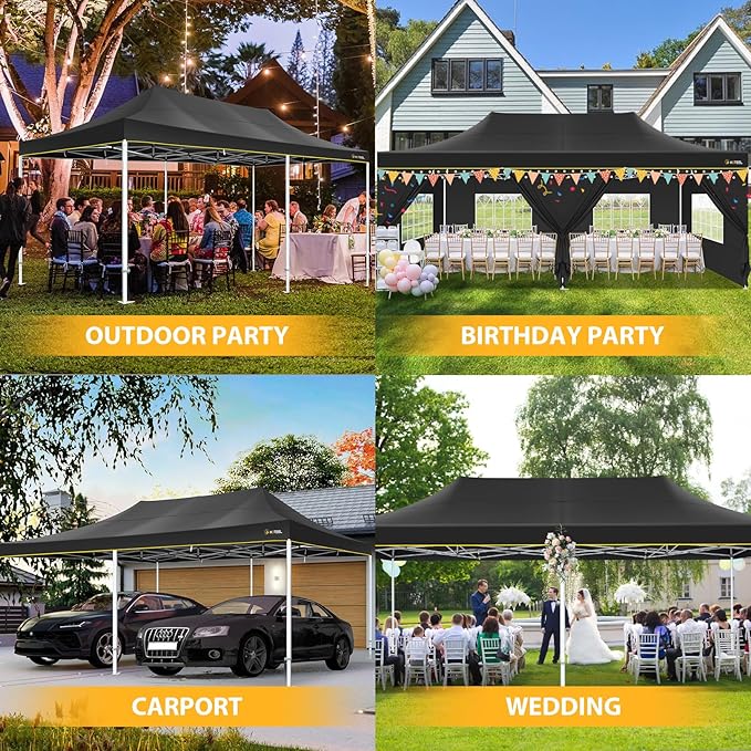 HOTEEL 13x26 Pop up Canopy Tent for Parties, Heavy Duty Easy Setup Tent with 6 Sidewalls, Outdoor Commercial Instant Gazebo for Wedding Event, with Roller Bag & Sand Bags, Black(Hexagonal Frame)