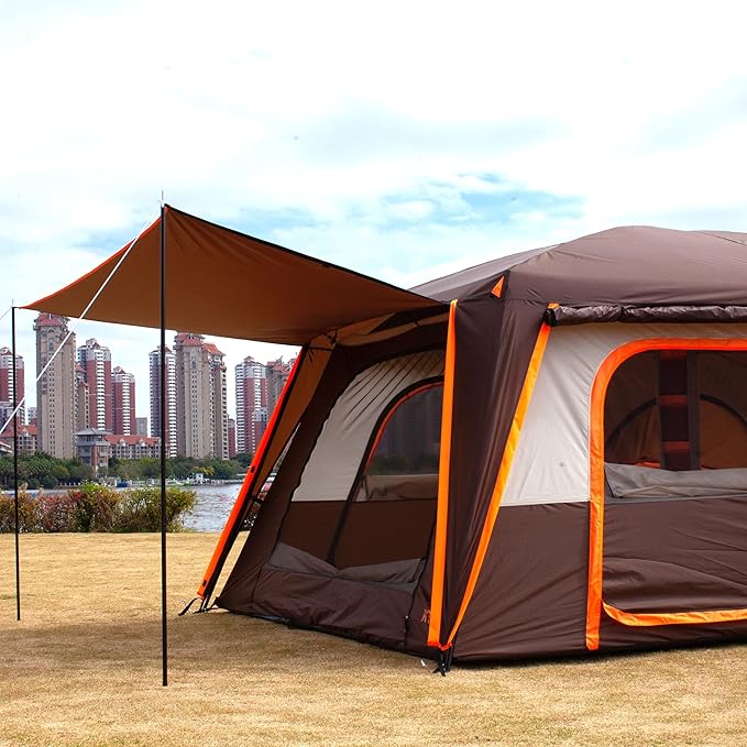 KTT Extra Large Tent 6-10-12-14 Person(A),Family Cabin Tents,2 Rooms,3 Doors and 3 Windows with Mesh,Straight Wall,Waterproof,Double Layer,Big Tent for Outdoor,Picnic,Camping,Family Gathering