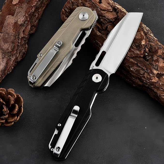 Folding pocket knife, 3.34-inch D2 steel blade, carbon fiber handle EDC knife, with pocket clip, suitable for daily carrying, camping, hiking, fishing for men and women A-80003-1 (Black)