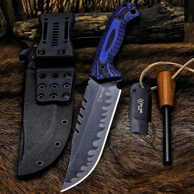 BA-KOR 12.4in Full Tang Fixed Blade Hunting Knife โ 6mm 9CR18MoV Steel, G10 Handle, Stonewashed Sawback Blade with Kydex Sheath & Fire Starter for Outdoor, Camping, Survival (Blue and black stripes)