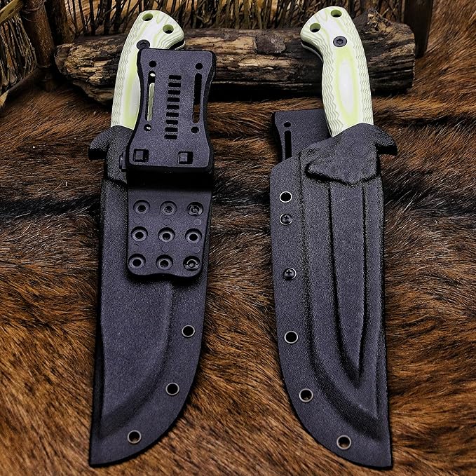 BA-KOR 12.4in Full Tang Fixed Blade Hunting Knife โ 6mm 9CR18MoV Steel, G10 Handle, Stonewashed Sawback Blade with Kydex Sheath & Fire Starter for Outdoor, Camping, Survival (White with light green stripes)