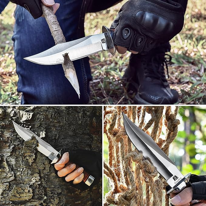 5.8" Fixed Blade Hunting Knife- Genuine Leather Handle Bowie Knives with Sheath Straight Edge for Camping, Hiking, Survival