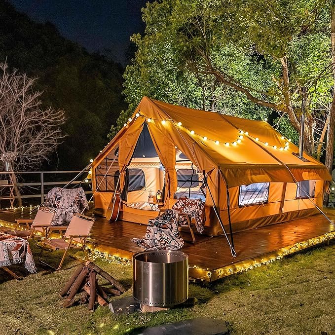 Panda Inflatable Tents for Camping with Stove Jack, Canvas Blow Up, Easy Setup Inflatable Tent, Waterproof Hot Inflatable Outdoor House, Casa de Campaña with Hand Pump