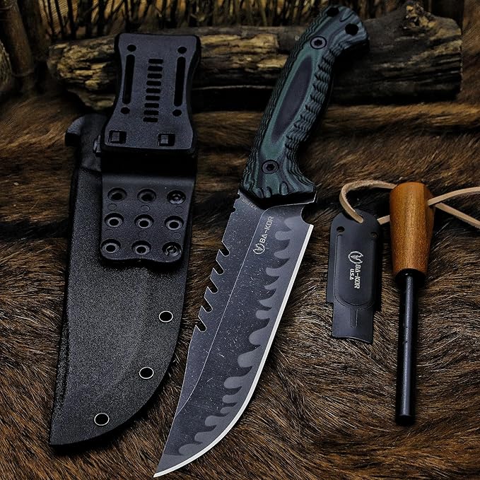 BA-KOR 12.4in Full Tang Fixed Blade Hunting Knife โ 6mm 9CR18MoV Steel, G10 Handle, Stonewashed Sawback Blade with Kydex Sheath & Fire Starter for Outdoor, Camping, Survival (Green and black stripes)