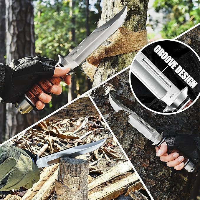 6.4" Fixed Blade Hunting Knife- Genuine Leather Handle Bowie Knives with Sheath Straight Edge for Camping, Hiking, Survival