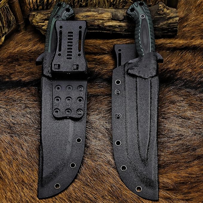 BA-KOR 12.4in Full Tang Fixed Blade Hunting Knife โ 6mm 9CR18MoV Steel, G10 Handle, Stonewashed Sawback Blade with Kydex Sheath & Fire Starter for Outdoor, Camping, Survival (Green and black stripes)