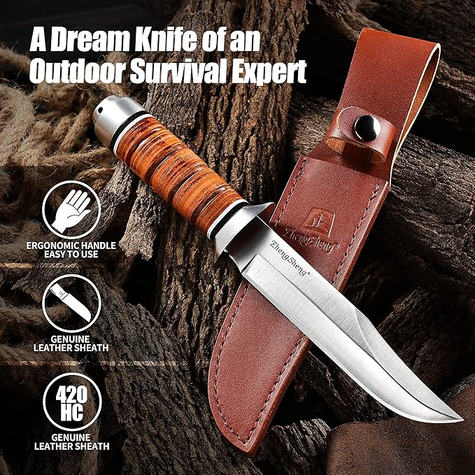 6.4" Fixed Blade Hunting Knife- Genuine Leather Handle Bowie Knives with Sheath Straight Edge for Camping, Hiking, Survival