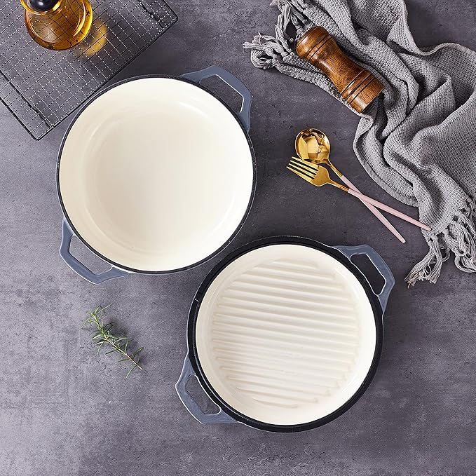 2-in-1 Enameled Cast Iron Cocotte Double Braiser Pan with Grill Lid 3.3 Quarts - Barbecue Grill Non Stick Frying Pan - Casserole Cookware Wide Handle (Grey)