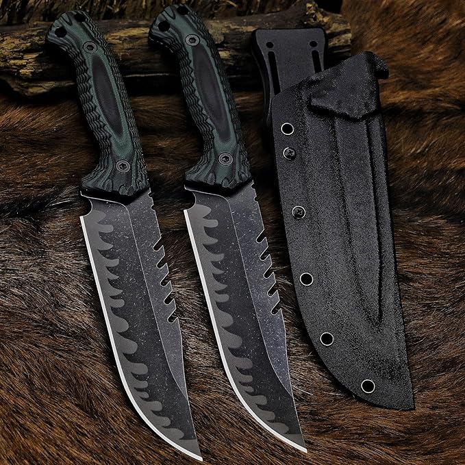 BA-KOR 12.4in Full Tang Fixed Blade Hunting Knife โ 6mm 9CR18MoV Steel, G10 Handle, Stonewashed Sawback Blade with Kydex Sheath & Fire Starter for Outdoor, Camping, Survival (Green and black stripes)