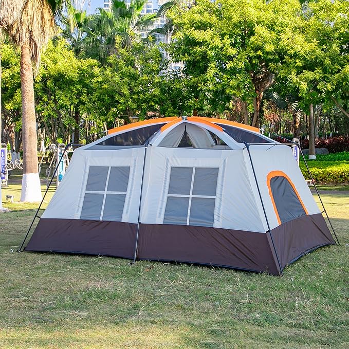 KTT Extra Large Tent 6-10-12-14 Person(A),Family Cabin Tents,2 Rooms,3 Doors and 3 Windows with Mesh,Straight Wall,Waterproof,Double Layer,Big Tent for Outdoor,Picnic,Camping,Family Gathering