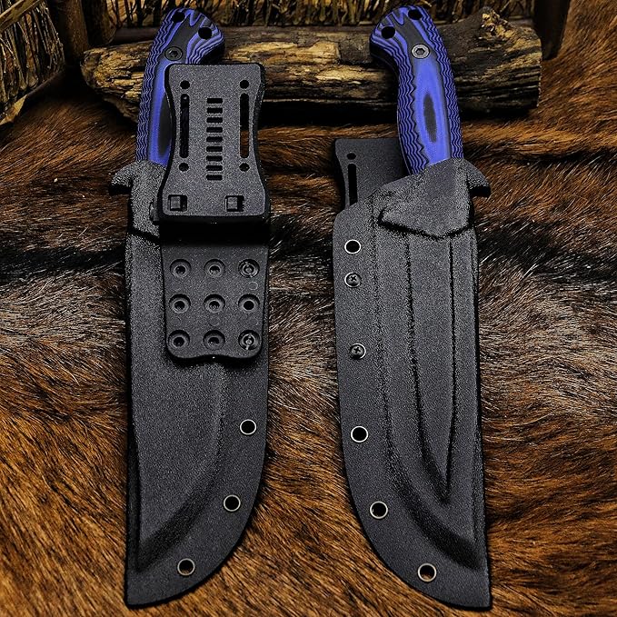 BA-KOR 12.4in Full Tang Fixed Blade Hunting Knife โ 6mm 9CR18MoV Steel, G10 Handle, Stonewashed Sawback Blade with Kydex Sheath & Fire Starter for Outdoor, Camping, Survival (Blue and black stripes)