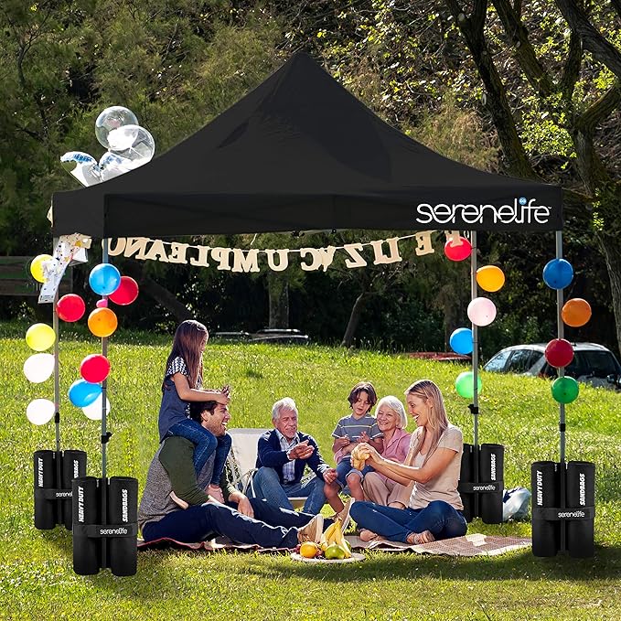Pop Up Canopy Tent 10x10 - Commercial Instant Shelter Foldable/Collapsible Sun Shade Canopy Pop Up Tent w/Waterproof UV Resistant Tent Top, Portable Carry Bag & Sand Bag - SereneLife SLGZ10BA (Black)