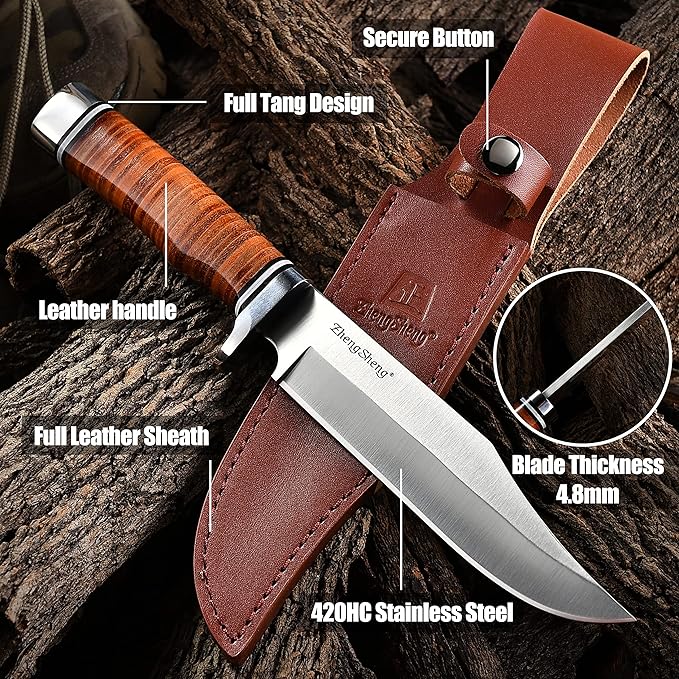 6.7" Fixed Blade Hunting Knife- Genuine Leather Handle Bowie Knives with Sheath Straight Edge for Camping, Hiking, Survival