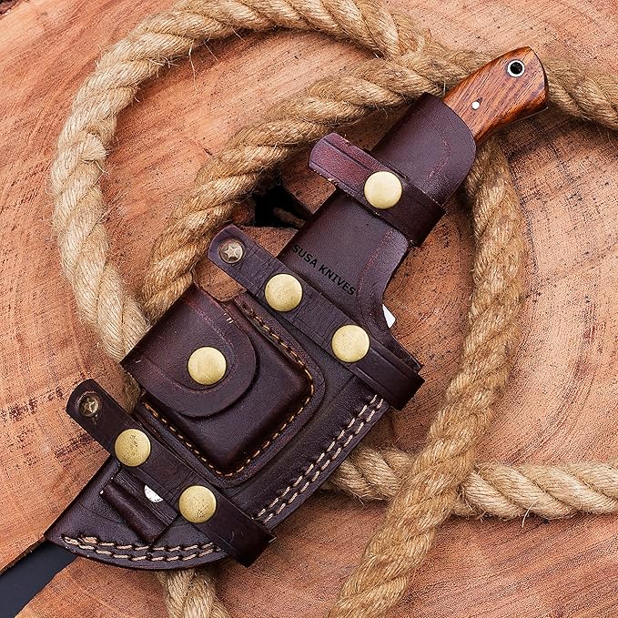 Handmade D2 Steel Tracker Knife with Micarta Handle and Rose Wood - Survival Camping Hunting Tactical Fixed Blade with Horizontal Carry Sheath