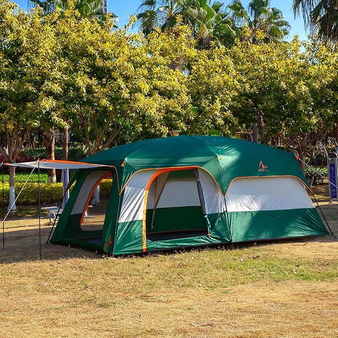 KTT Extra Large Tent 6-10-12-14 Person(A),Family Cabin Tents,2 Rooms,3 Doors and 3 Windows with Mesh,Straight Wall,Waterproof,Double Layer,Big Tent for Outdoor,Picnic,Camping,Family Gathering
