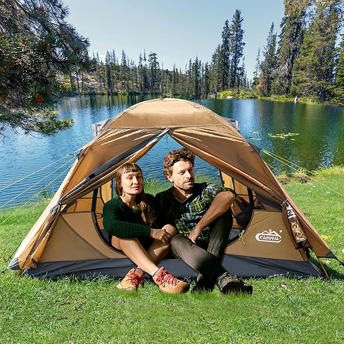 2-3 Person Backpacking Tent with Double Door 2 Vestibule, Waterproof Windproof Lightweight Easy Set Up 3 Season 2 Man Two Person Tent for Camping, Hiking, Motorcycle, Mountaineering with UPF 50+