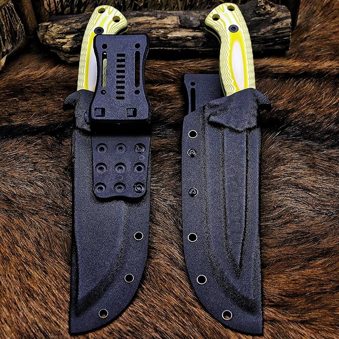 BA-KOR 12.4in Full Tang Fixed Blade Hunting Knife โ 6mm 9CR18MoV Steel, G10 Handle, Stonewashed Sawback Blade with Kydex Sheath & Fire Starter for Outdoor, Camping, Survival (White and yellow stripes)