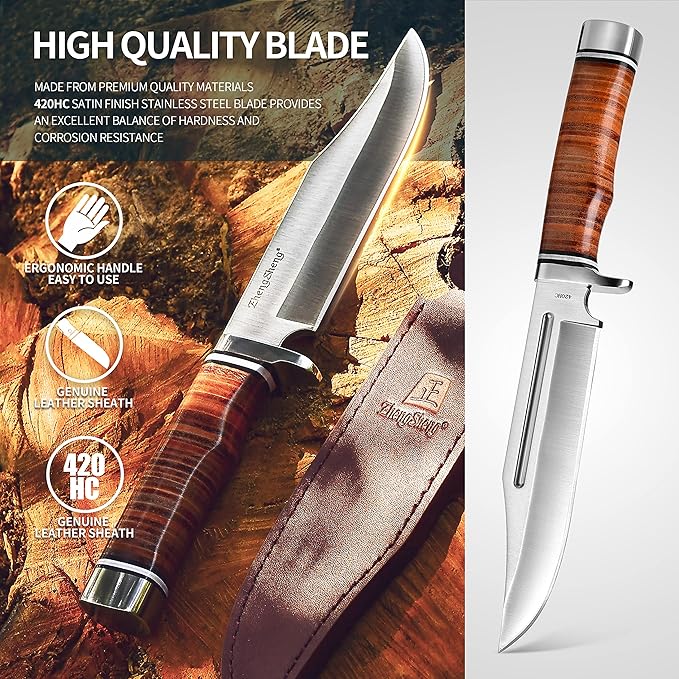 6.7" Fixed Blade Hunting Knife- Genuine Leather Handle Bowie Knives with Sheath Straight Edge for Camping, Hiking, Survival