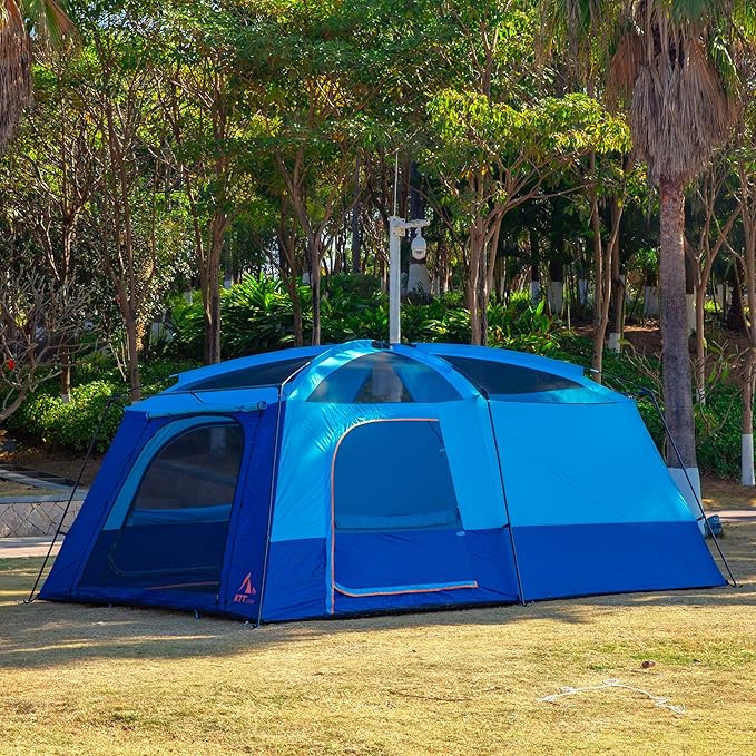 KTT Extra Large Tent 6-10-12-14 Person(A),Family Cabin Tents,2 Rooms,3 Doors and 3 Windows with Mesh,Straight Wall,Waterproof,Double Layer,Big Tent for Outdoor,Picnic,Camping,Family Gathering
