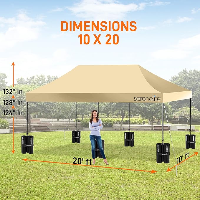 SereneLife Pop Up Canopy Tent 10x20 - Commercial Instant Shelter Foldable/Collapsible Sun Shade Canopy Pop Up Tent w/Waterproof Tent Top, Portable Carry Bag & Sand Bag - SereneLife SLGZ20K (Khaki)