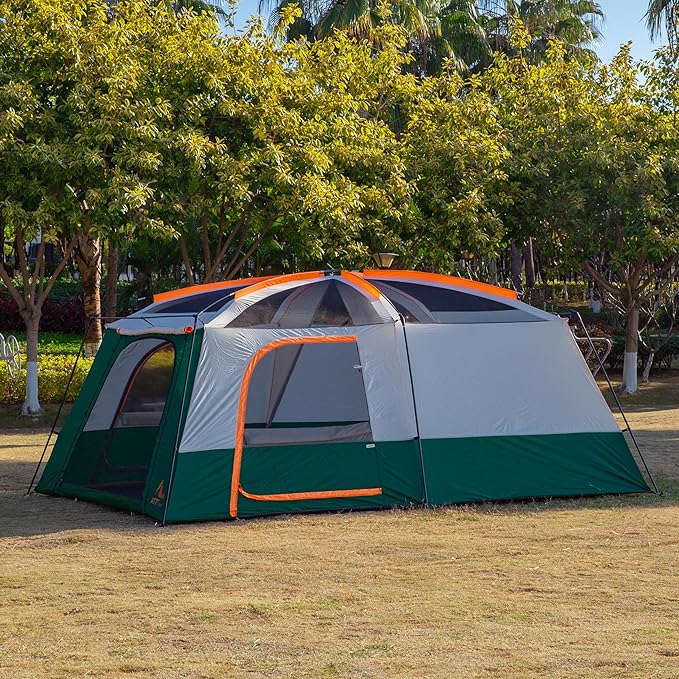 KTT Extra Large Tent 6-10-12-14 Person(A),Family Cabin Tents,2 Rooms,3 Doors and 3 Windows with Mesh,Straight Wall,Waterproof,Double Layer,Big Tent for Outdoor,Picnic,Camping,Family Gathering
