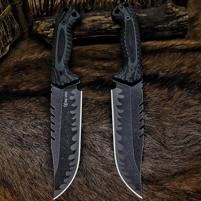 BA-KOR 12.4in Full Tang Fixed Blade Hunting Knife โ 6mm 9CR18MoV Steel, G10 Handle, Stonewashed Sawback Blade with Kydex Sheath & Fire Starter for Outdoor, Camping, Survival (Green and black stripes)