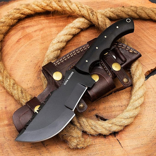 Handmade D2 Steel Tracker Knife - Survival - Camping Knife Tactical Hunting Knife with Sheath Horizontal Carry Fixed Blade (BLACK TRACKER)