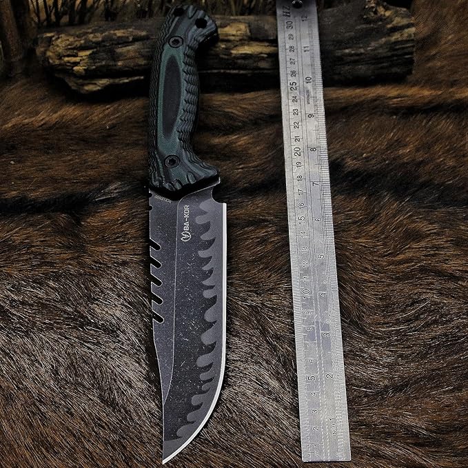 BA-KOR 12.4in Full Tang Fixed Blade Hunting Knife โ 6mm 9CR18MoV Steel, G10 Handle, Stonewashed Sawback Blade with Kydex Sheath & Fire Starter for Outdoor, Camping, Survival (Green and black stripes)