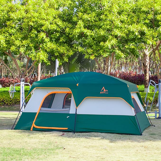 KTT Extra Large Tent 6-10-12-14 Person(A),Family Cabin Tents,2 Rooms,3 Doors and 3 Windows with Mesh,Straight Wall,Waterproof,Double Layer,Big Tent for Outdoor,Picnic,Camping,Family Gathering