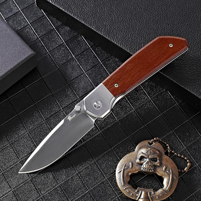 Small Folding Pocket Knife, Drop-Point D2 Blade, Sturdy Wooden Handle, Deep Carry Pocket Clip – Ideal for Camping, Hunting, Hiking & EDC, Gift for Women, Men