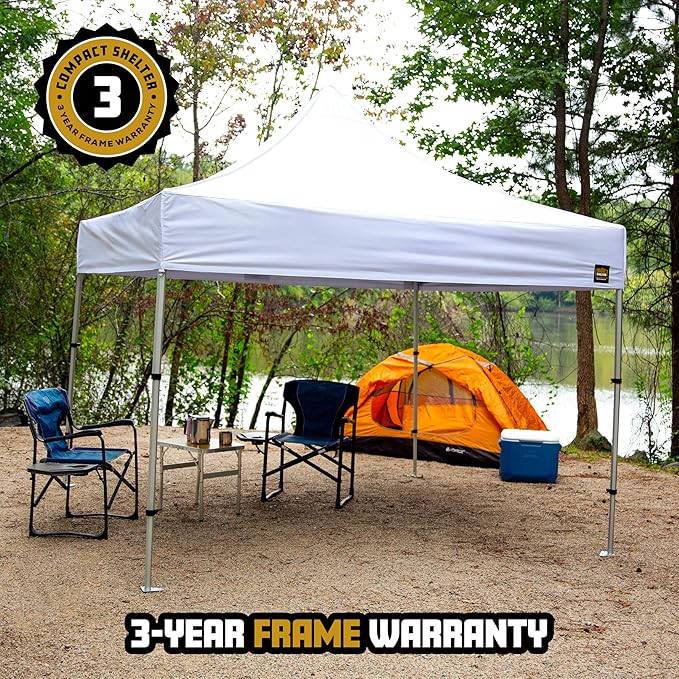 8x8 Heavy Duty Pop Up Canopy by Compact Shelter - EZ Setup, Commercial Grade Aluminum Frame, 42โ Folded Frame Height, UPF 50+, Adjustable Portable Tent for Beach, Events, Camping, Roller Bag (White)