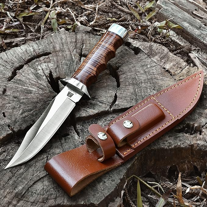 5.8" Fixed Blade Hunting Knife- Genuine Leather Handle Bowie Knives with Sheath Straight Edge for Camping, Hiking, Survival