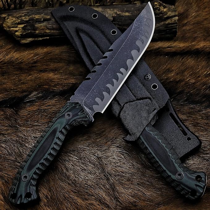 BA-KOR 12.4in Full Tang Fixed Blade Hunting Knife โ 6mm 9CR18MoV Steel, G10 Handle, Stonewashed Sawback Blade with Kydex Sheath & Fire Starter for Outdoor, Camping, Survival (Green and black stripes)