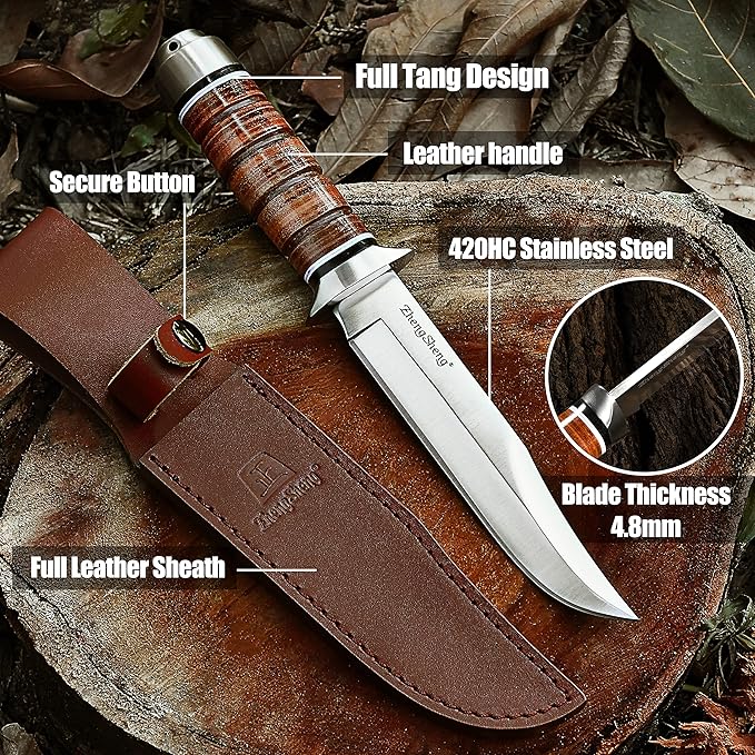 6.4" Fixed Blade Hunting Knife- Genuine Leather Handle Bowie Knives with Sheath Straight Edge for Camping, Hiking, Survival