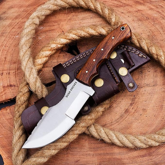 Handmade D2 Steel Tracker Knife with Micarta Handle and Rose Wood - Survival Camping Hunting Tactical Fixed Blade with Horizontal Carry Sheath