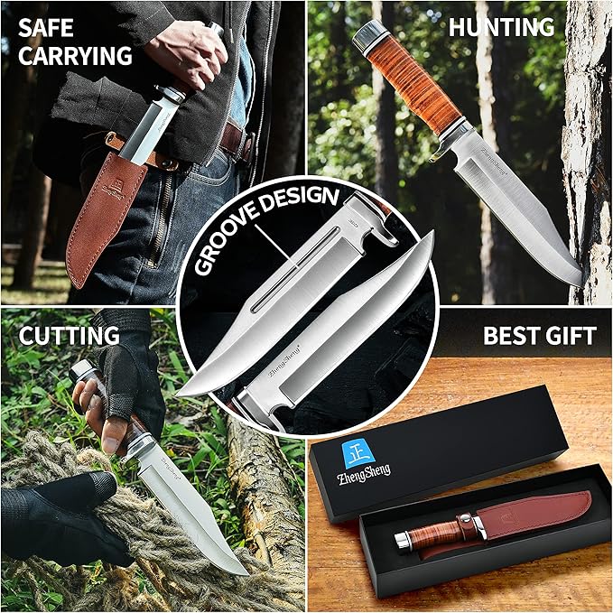 6.7" Fixed Blade Hunting Knife- Genuine Leather Handle Bowie Knives with Sheath Straight Edge for Camping, Hiking, Survival