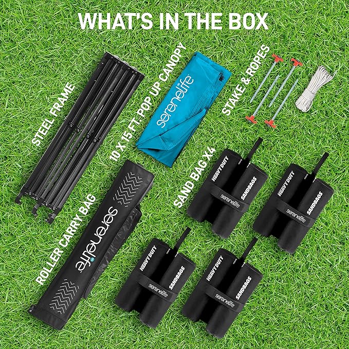 SereneLife SLGZ15SB Pop Commercial Instant Shelter-Waterproof Polyester Tent with Portable Wheeled Carry Sand Bag, 10 x 15 ft. (Sky Blue), 10x15