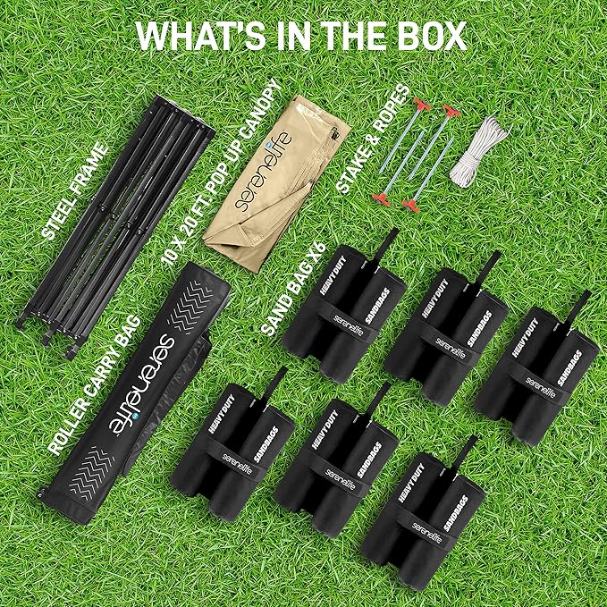 SereneLife Pop Up Canopy Tent 10x20 - Commercial Instant Shelter Foldable/Collapsible Sun Shade Canopy Pop Up Tent w/Waterproof Tent Top, Portable Carry Bag & Sand Bag - SereneLife SLGZ20K (Khaki)