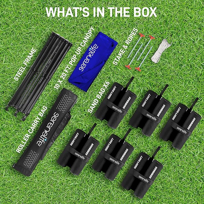 SereneLife Pop Up Canopy Tent 10x20-Commercial Instant Shelter Foldable/Collapsible Sun Shade Canopy Pop Up Tent w/Waterproof Tent Top,Portable Carry Bag&Sand Bag-SereneLife SLGZ20BU(Navy Blue)