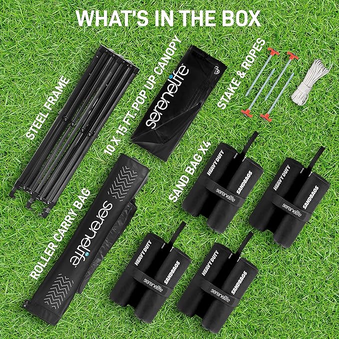 Pop Up Canopy Tent 10x15 - Commercial Instant Shelter Foldable/Collapsible Sun Shade Canopy Pop Up Tent w/Waterproof UV Resistant Tent Top, Portable Carry Bag & Sand Bag - SereneLife SLGZ15BL (Black)