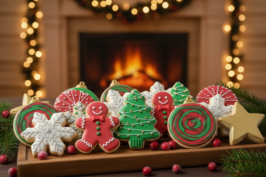 Festive Christmas cookies with icing and sprinkles